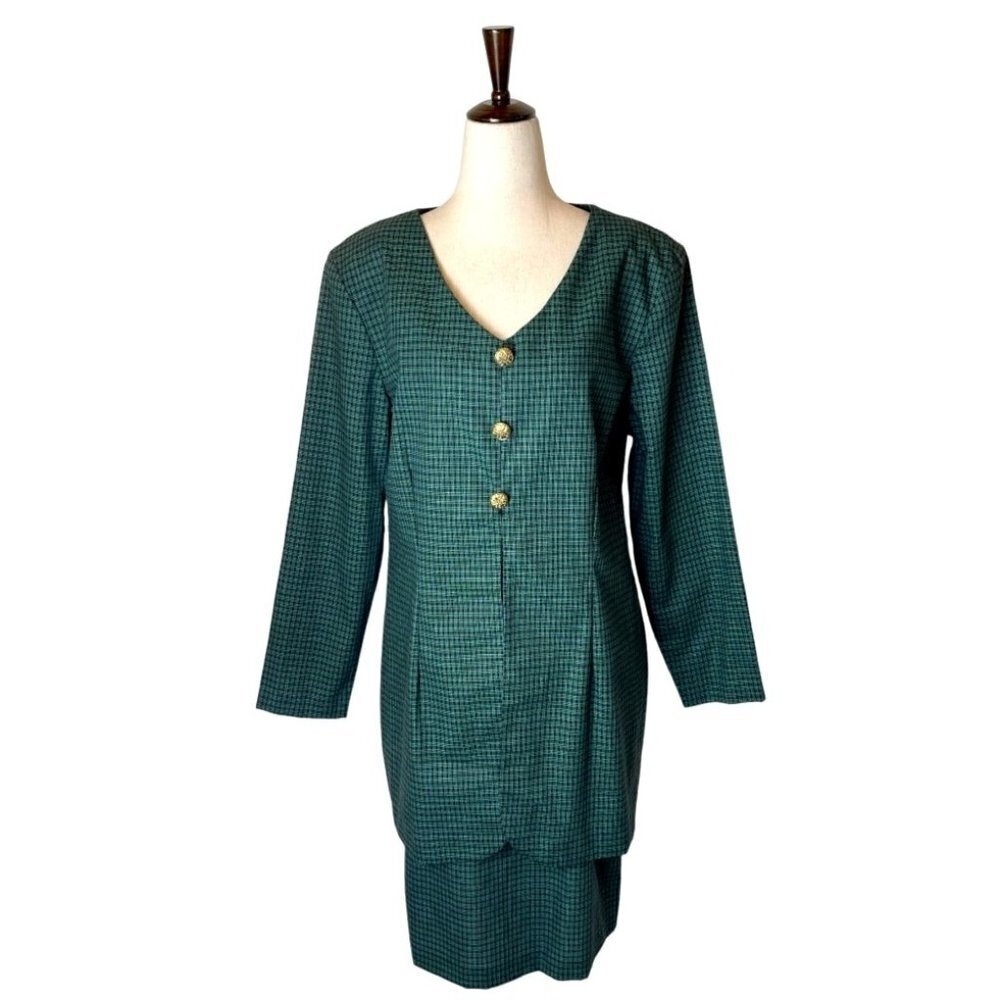 Betsy's Things Vintage Green Plaid Cotton One Piece Gold Button Dress Size 14